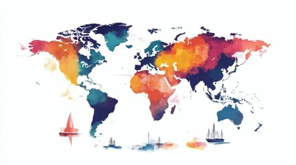 Fototapeta premium Colorful Watercolor World Map with Sailboats and Vibrant Shades