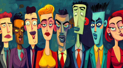 Obraz premium Contemporary art with funny abstract characters. Vector cartoon set of cute people in trendy comic style. Modern graphic illustration of men and women isolated on background