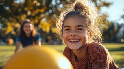 Fototapeta premium Joyful Girl in a Park, Sunny Day, Smiling Child Playing Outdoors
