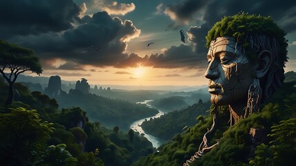 A meditating giant human figure made of earth and stone, with trees growing from its limbs, waterfalls cascading from its shoulders, and birds nesting in its hair.