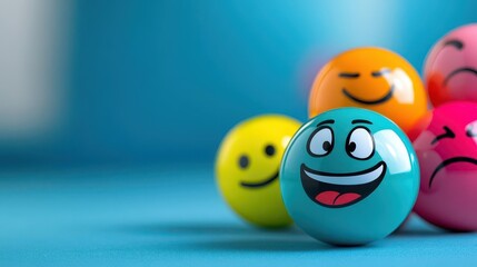 Colorful emoticon balls representing diverse emotions against a soft blue background, illustrating various sentiments like happiness, sadness, and surprise