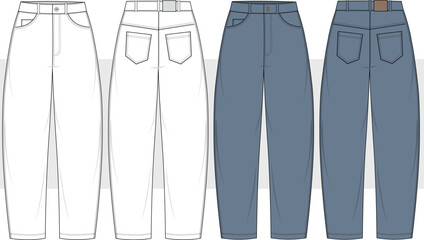 Barrel Leg Jeans trousers technical fashion illustration. Denim Pants, boyfriend - mom jeans fashion flat technical drawing template, front and back view, CAD mockup set.