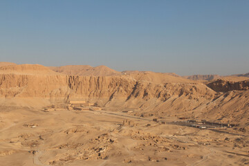 View of the Mortuary Temple of Hatshepsut, also known as the Djeser-Djeseru from above hot air balloon in Luxor, Egypt