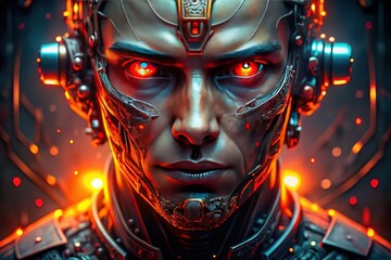 Futuristic Robot Face with Glowing Red Eyes - AI Generated Stock Photo