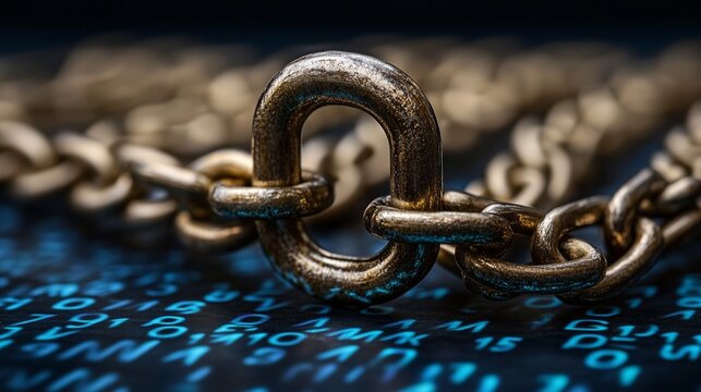 A close-up of a heavy chain link resting on a surface with binary code numbers