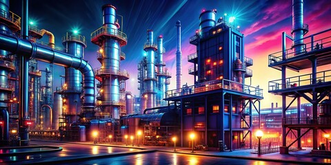 Fototapeta premium Glowing Industrial Refinery at Night: 3D Stylized Render