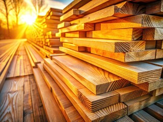 Golden Hour Sunlight on Stacked Wooden Planks - Warm Texture Background