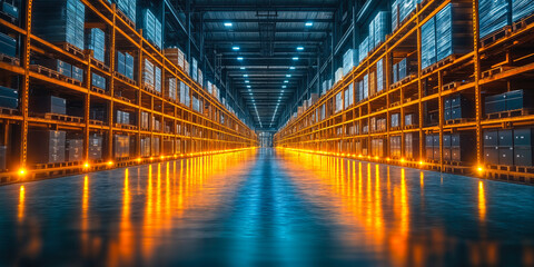 Fototapeta premium Futuristic Warehouse Interior with Illuminated Shelving for Advanced Inventory Management and Logistics Efficiency