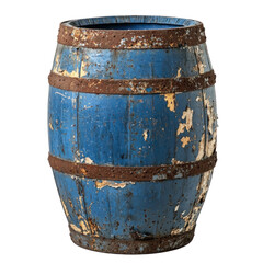 Fototapeta premium Rustic blue wooden barrel with peeling paint and rust isolated on png transparent background, cut out