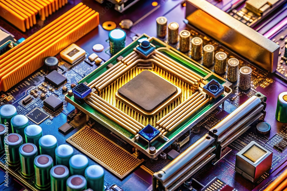 Poster High-Resolution Top-Down View of Computer Motherboard with CPU Processor