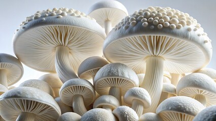 High-Resolution 3D Render of White Mushrooms, Isolated on White Background, Perfect for Culinary or Botanical Use
