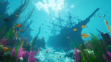 Fototapeta premium Ocean underwater background. Deep sea bottom - marine landscape with swimming fishes, seaweeds and coral reefs. Cartoon dark blue aquatic scene with exotic plants and sunken ship wrecks silhouette.