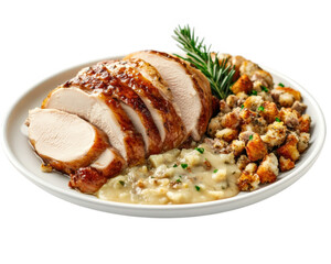 Sliced turkey breast served with stuffing and gravy on white plate, garnished with rosemary. delicious and comforting meal perfect for festive occasions
