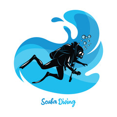 Vector illustration of divers in the deep sea. Scuba diving silhouette design
