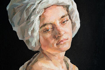 .GIRL with a scarf on her head. Portrait of a woman on a black background. Oil painting on canvas.