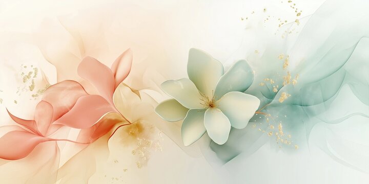 Elegant floral composition with soft peach and teal petals, accented by delicate golden details and flowing translucent textures, creating a serene and luxurious aesthetic