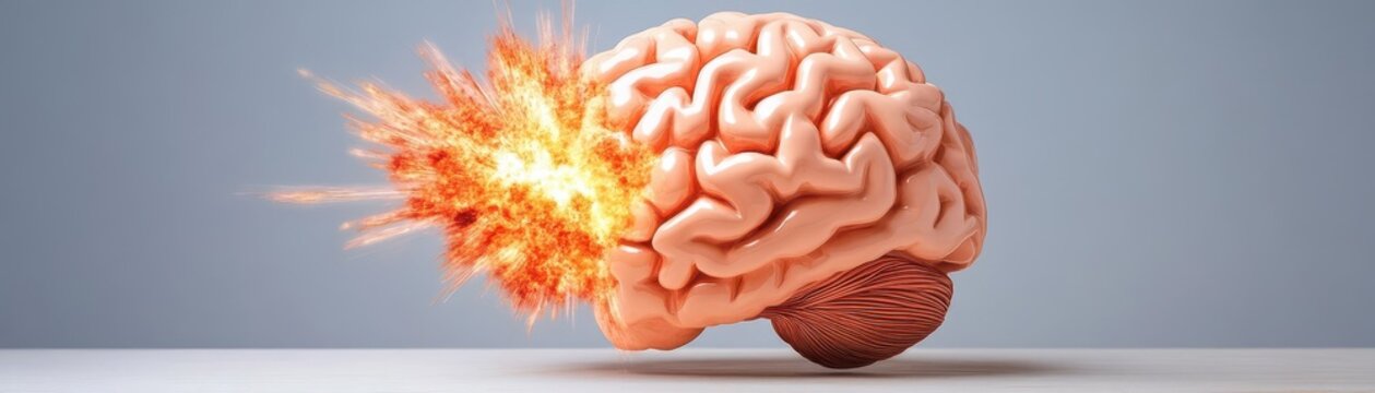 Brain exploding with red fire erupting from inside in a dramatic visual representation