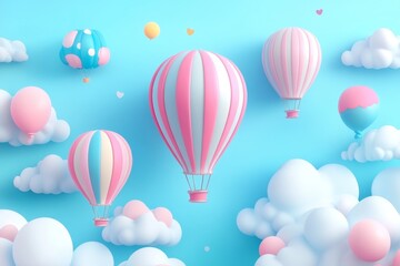 Pastel hot air balloons float above fluffy clouds, light blue background, whimsical design, ideal for children's products