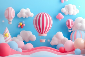 Pink striped hot air balloon floats above pastel landscape
