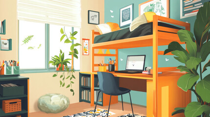 Hostel or student dormitory room interior stuff bunk bed with ladder, plant, bookshelf, workplace desk with laptop, files and chair. University living apartment items, isolated cartoon vector set