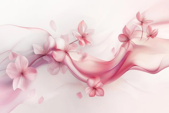 Delicate pink cherry blossoms gracefully intertwined with flowing, airy silk textures, creating a soft and elegant floral composition

