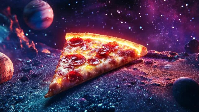 Pepperoni pizza slice on extraterrestrial surface with cosmic background