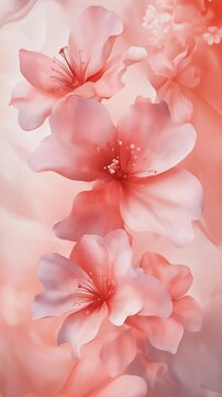 Soft pink cherry blossoms with delicate petals and intricate details, set against a flowing, dreamy background in warm pastel tones
