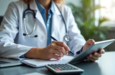 Female doctor calculates fees using tablet, calculator and laptop at clinic. Medic checks health insurance documents. Healthcare costs concept. Modern medicine and cyberspace tech.