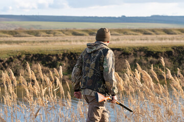 Mature hunter man holding a shotgun and walking through a field