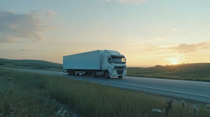 White semi-truck driving on a highway during sunset.