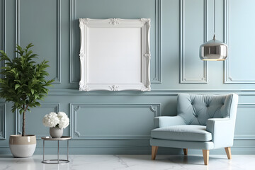 A modern interior design with a calming color scheme, featuring a blue armchair, a soft gray wall, a large empty white picture frame is centered on the wall, a plant, and a dove-gray hardwood floor