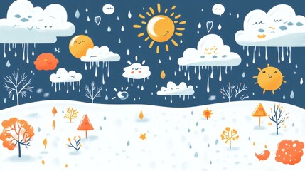 Cheerful Weather Scene with Sun, Clouds, and Rainy Elements