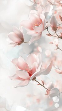 Elegant magnolia blossoms in soft pink and white tones, gracefully arranged against a dreamy, light-filled background with a delicate artistic touch