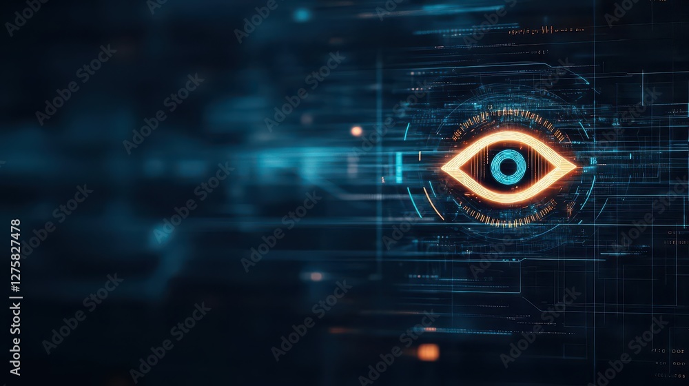 Poster futuristic eye design with glowing blue background representing advanced technology and vision conce