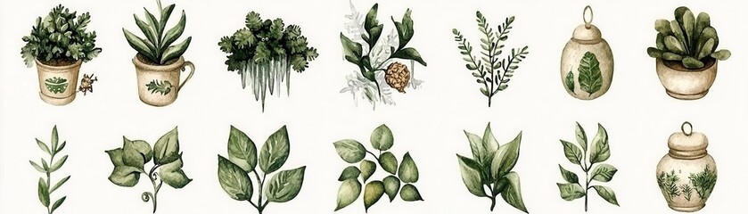 A collection of beautiful hand-drawn green plants and pots.