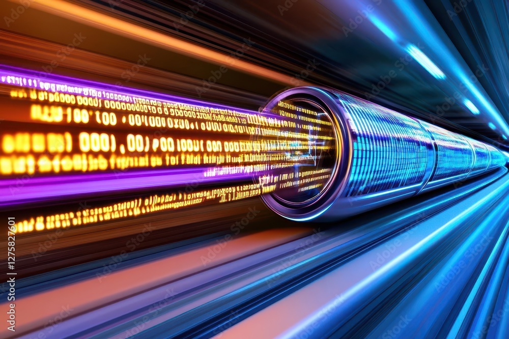 Poster train traveling rapidly through a dark tunnel illuminated by blue light effects