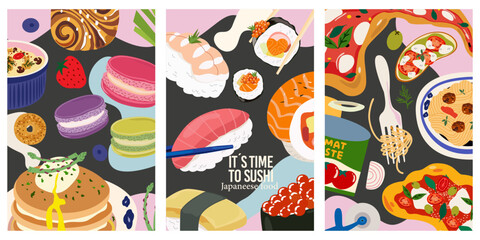 Poster set of cartoon traditional food from different countries. French cuisine with macarons, julienne, pastries. Asian cuisine. Italian cuisine, margherita pizza and pasta