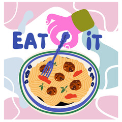 Abstract Italian pasta retro poster. Tradition Italian food. Spaghetti with meatballs on a plate. Flat vector illustration isolated on a white background