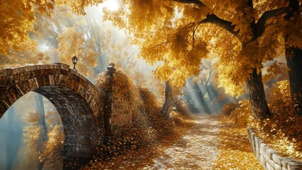Serene autumn landscape with stone bridge, vibrant orange foliage, and sunlight filtering through trees along winding path in natures tranquil embrace.