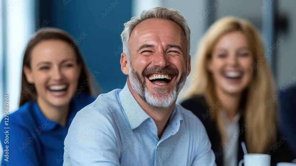 Poster man smiling among a group of people also smiling in a cheerful outdoor setting