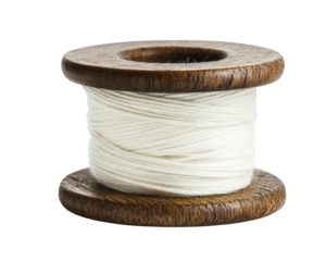 close up of wooden spool with white cotton thread, showcasing its texture and craftsmanship. This captures essence of textile artistry and sewing essentials