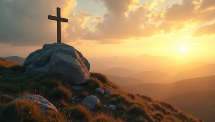 Passion Week cross on grassy hill symbolizes sacrifice. Jesus Christ resurrection background. Christian faith worship devotion. Dramatic sunset light, sky. Holy Spirit redemption concept.