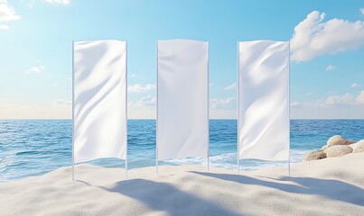 Realistic 3D vector mockups of a banner stand and beach flags. Blank canvas in the shapes of a teardrop, feather, and white rectangle for displaying branding messages and identity in an outdoor sea