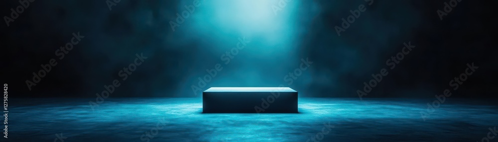 Poster cube positioned in the center of a dimly lit room with shadows and dark surroundings