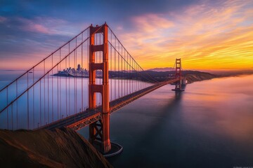 Fototapeta premium Golden Gate Bridge at sunset, glowing in warm golden hues, surrounded by misty waters, iconic architecture, vibrant skyline in the background, serene and picturesque atmosphere