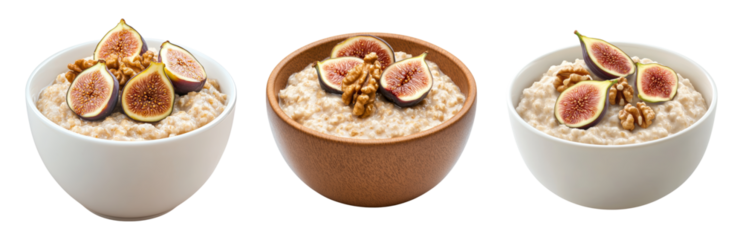 Oatmeal with Figs and Walnuts in Different Bowls Isolated on transparent background