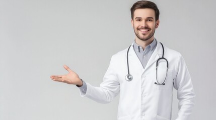 Candid portrait of a beauty young doctor in a white coat, smiling and holding his hand out to the side, presenting a product. Banner concept. Ad concept, Medical, Pharma