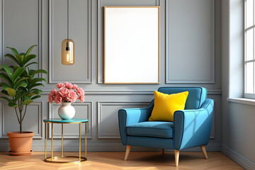 A modern interior design with a vibrant color scheme, featuring a deep blue armchair, yellow cushion, a soft grey paneled wall, a blank picture frame, terracotta plant, and warm hardwood floor.
