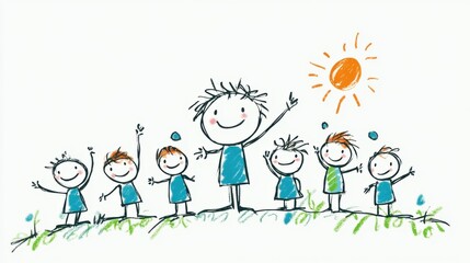 Fototapeta premium Joyful Children Drawing with Sun and Nature Elements in a Colorful and Playful Style