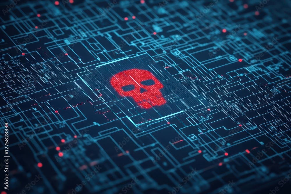 Poster red skull on circuit board background representing technology and cyber culture